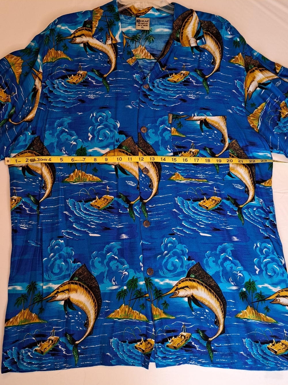 IN GEAR Polyester Men’s Button Hawaiian Shirt Blue Ocean Swordfish Marlin Sz. XL